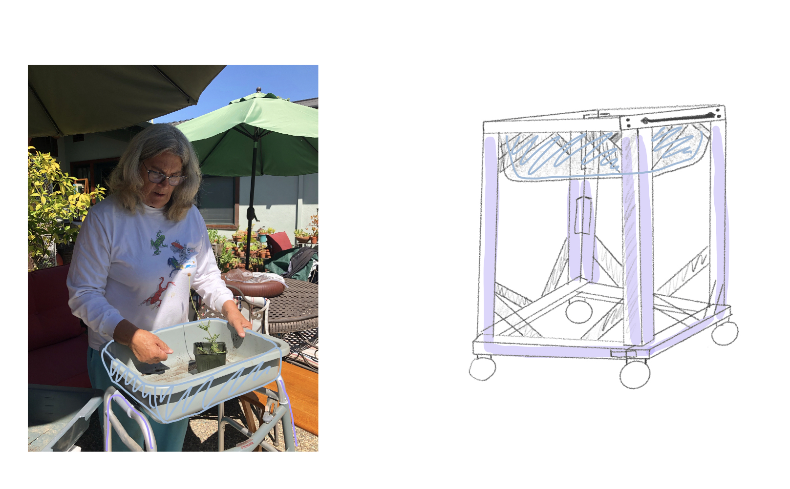 one picture of co-designer using garden cart design and drawing on garden cart design